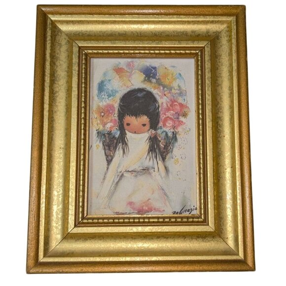 Ettore DeGrazia Other - Ettore DeGrazia Flower Girl Art Print In Gold Frame 4x6 Inches Whimsical Floral